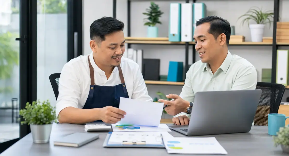 Small-business owner reviewing financing documents