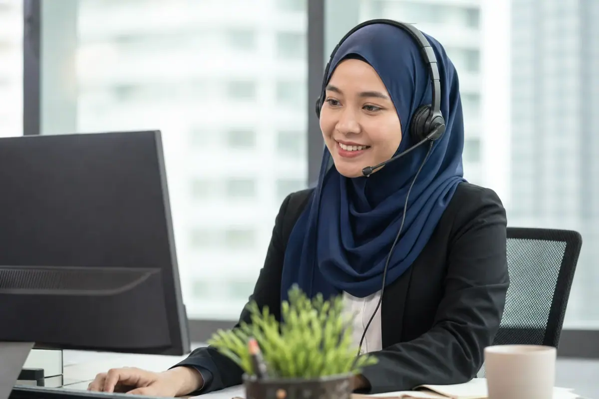 Customer-service representative assisting by phone and online enquiry Customer-service representative assisting by phone and online enquiry