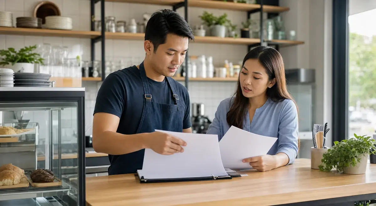 Small-business owner reviewing working capital documents