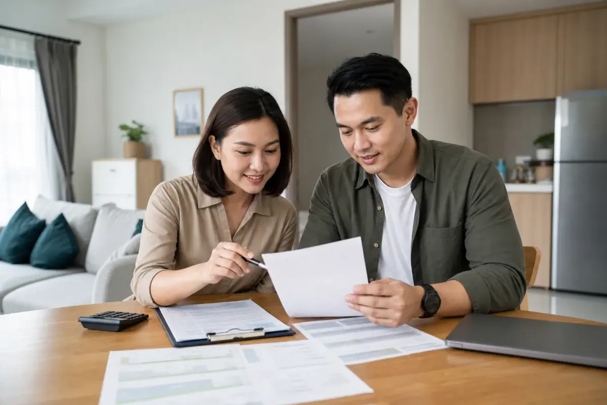 Couple reviewing personal loan documents at home