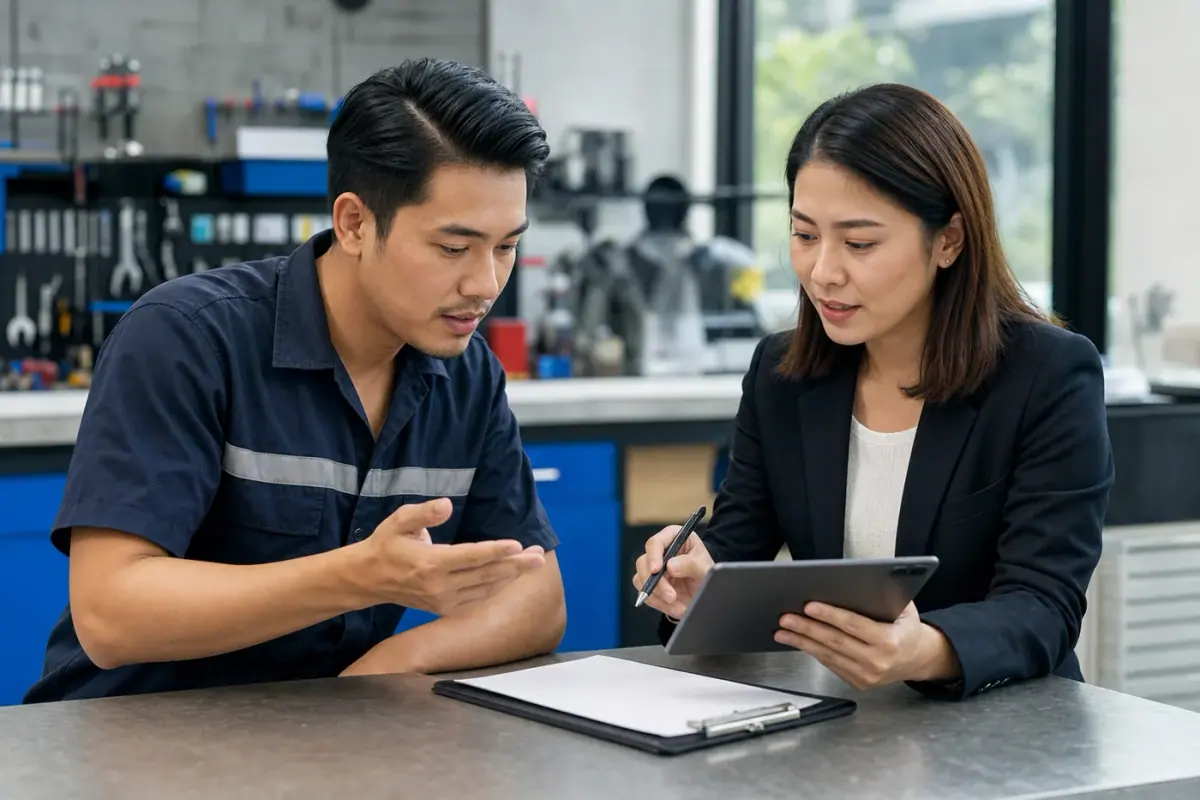 Service business owner discussing funding documents